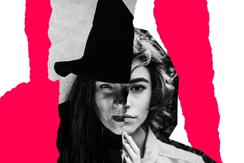 A photo illustration of a woman's face, half of which is depicted as that of witch.