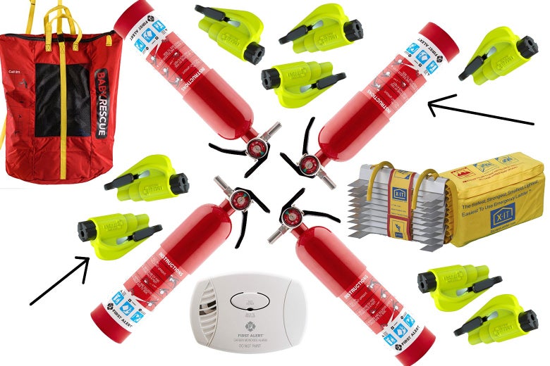 Collage of fire extinguishers, baby rescue bag, carbon monoxide detector, emergency ladder, and car escape tool.