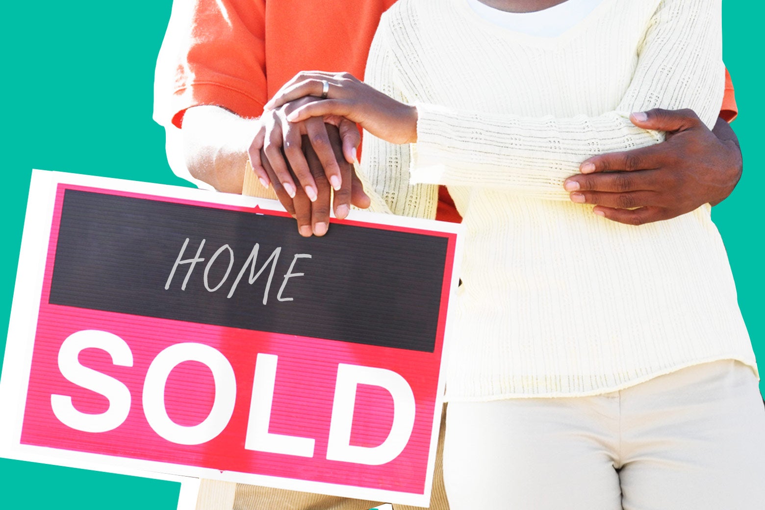 A black family with a home-sold sign.