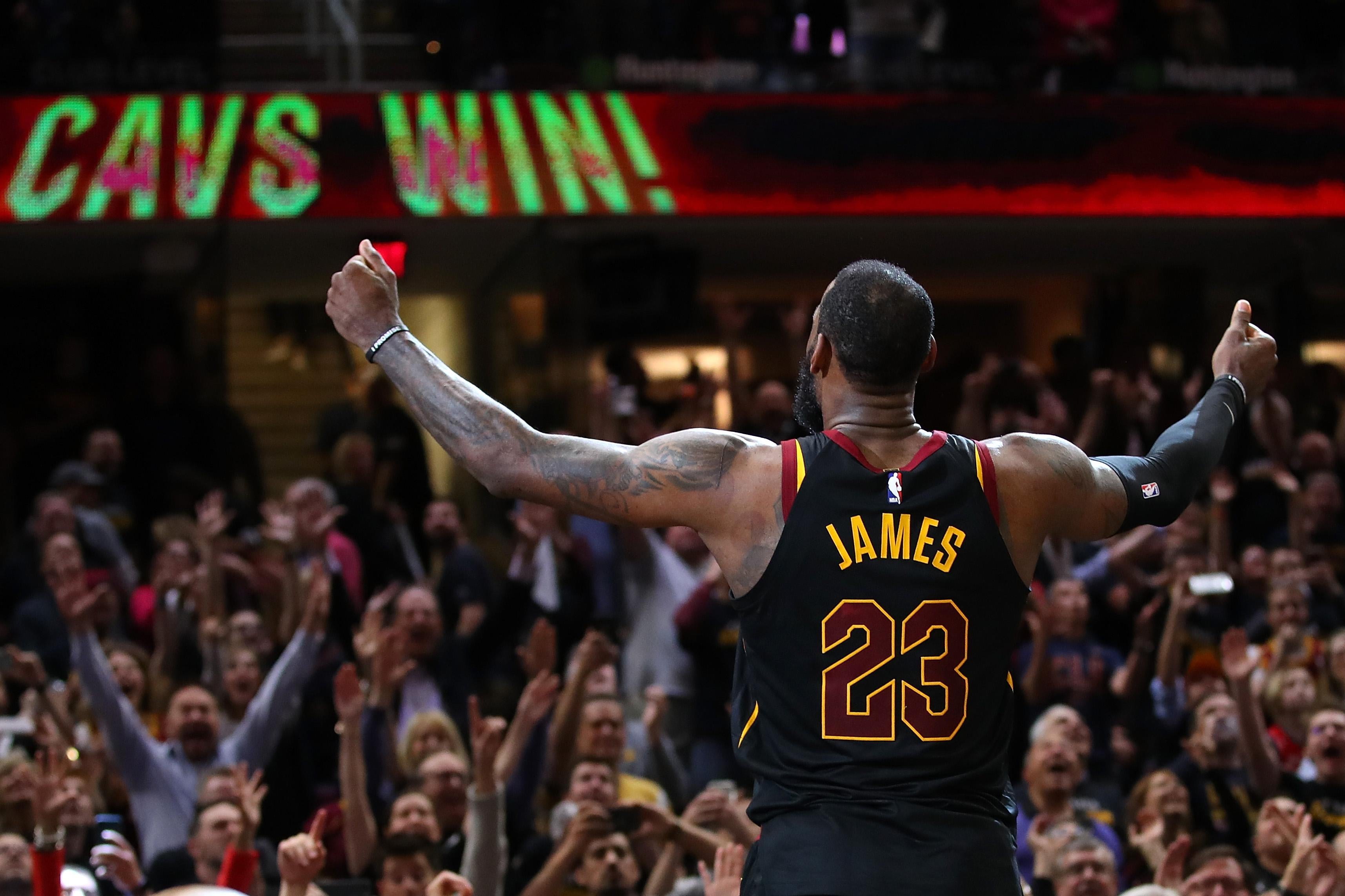 CLEVELAND, OH - MAY 05:  LeBron James #23 of the Cleveland Cavaliers celebrates after hitting the game winning shot to beat the Toronto Raptors 105-103 in Game Three of the Eastern Conference Semifinals during the 2018 NBA Playoffs at Quicken Loans Arena on May 5, 2018 in Cleveland, Ohio. NOTE TO USER: User expressly acknowledges and agrees that, by downloading and or using this photograph, User is consenting to the terms and conditions of the Getty Images License Agreement. (Photo by Gregory Shamus/Getty Images)