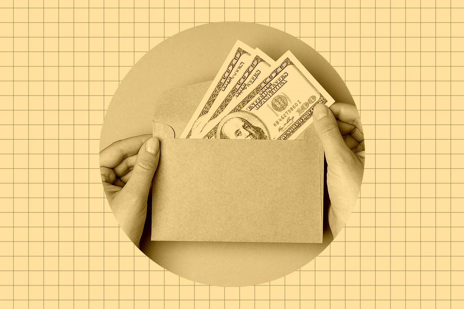 A person holding an envelope with $100 bills in it.