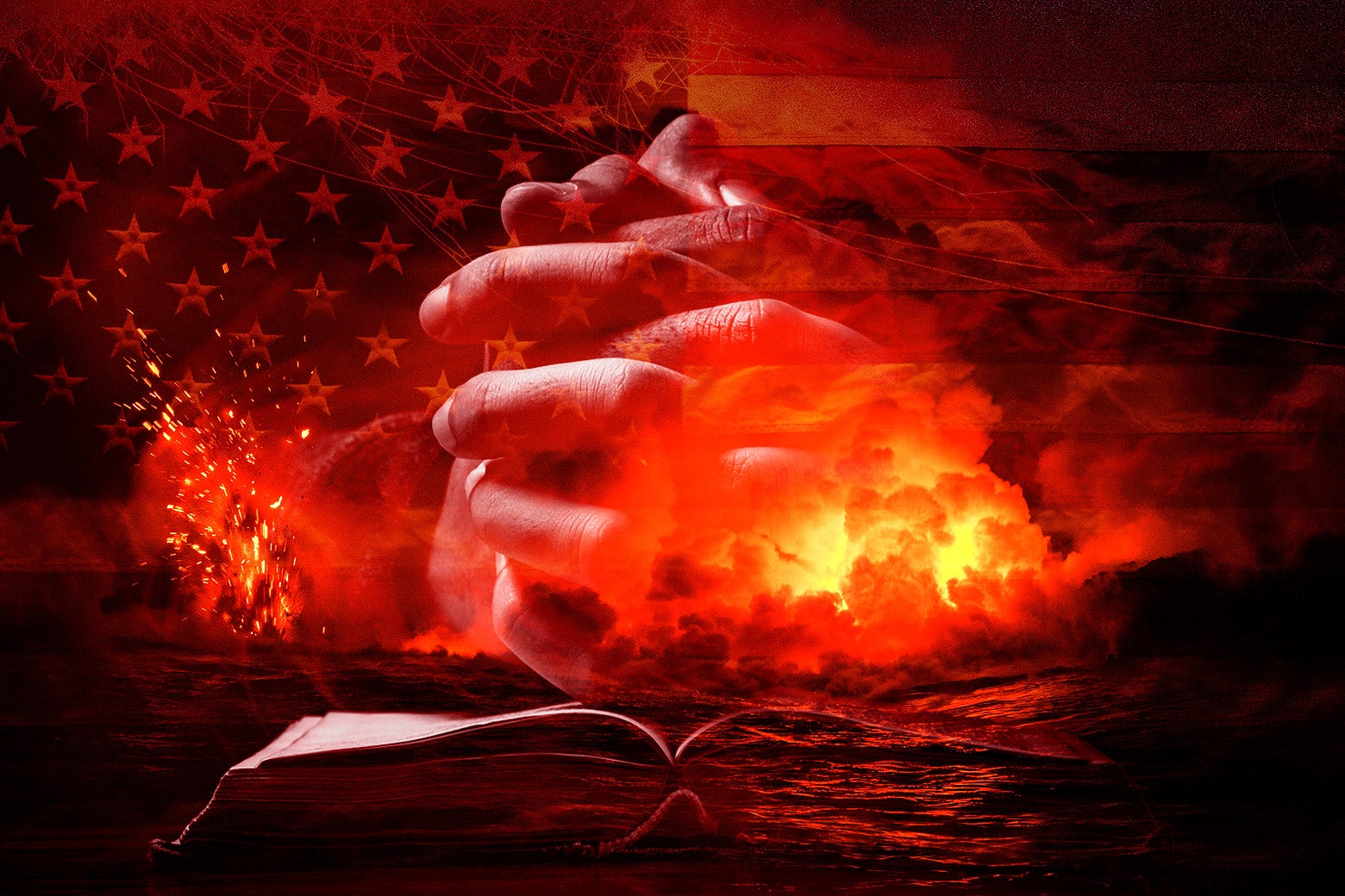 An apocalyptic explosion on the ocean with fire, a burning American flag, and hands folded on top of a bible.