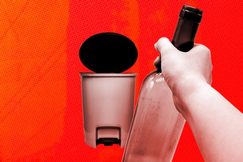 Photo illustration of a hand holding a bottle of liquor toward an open trash can.
