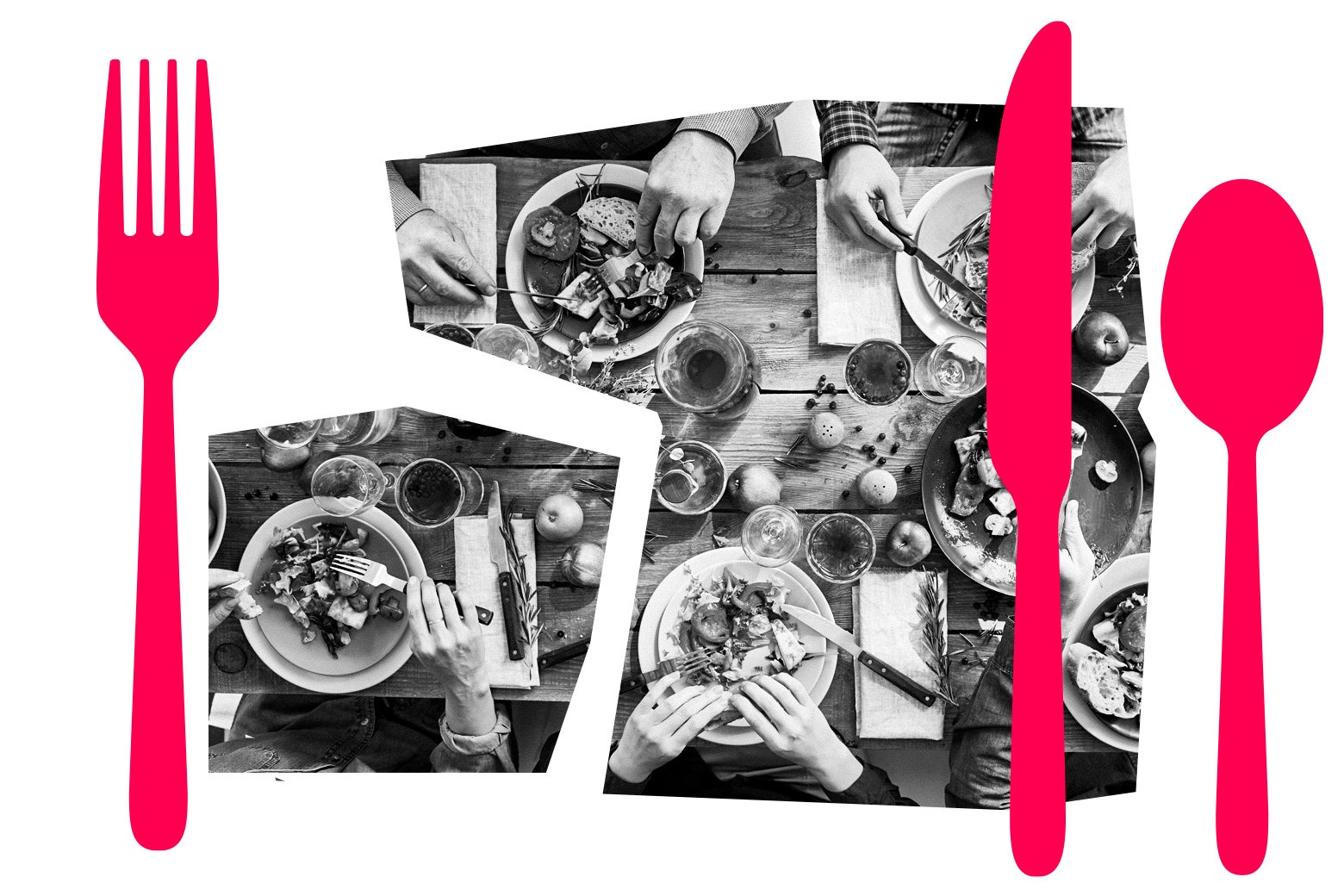 A fractured aerial photo of people eating at a table with an illustration of cutlery.
