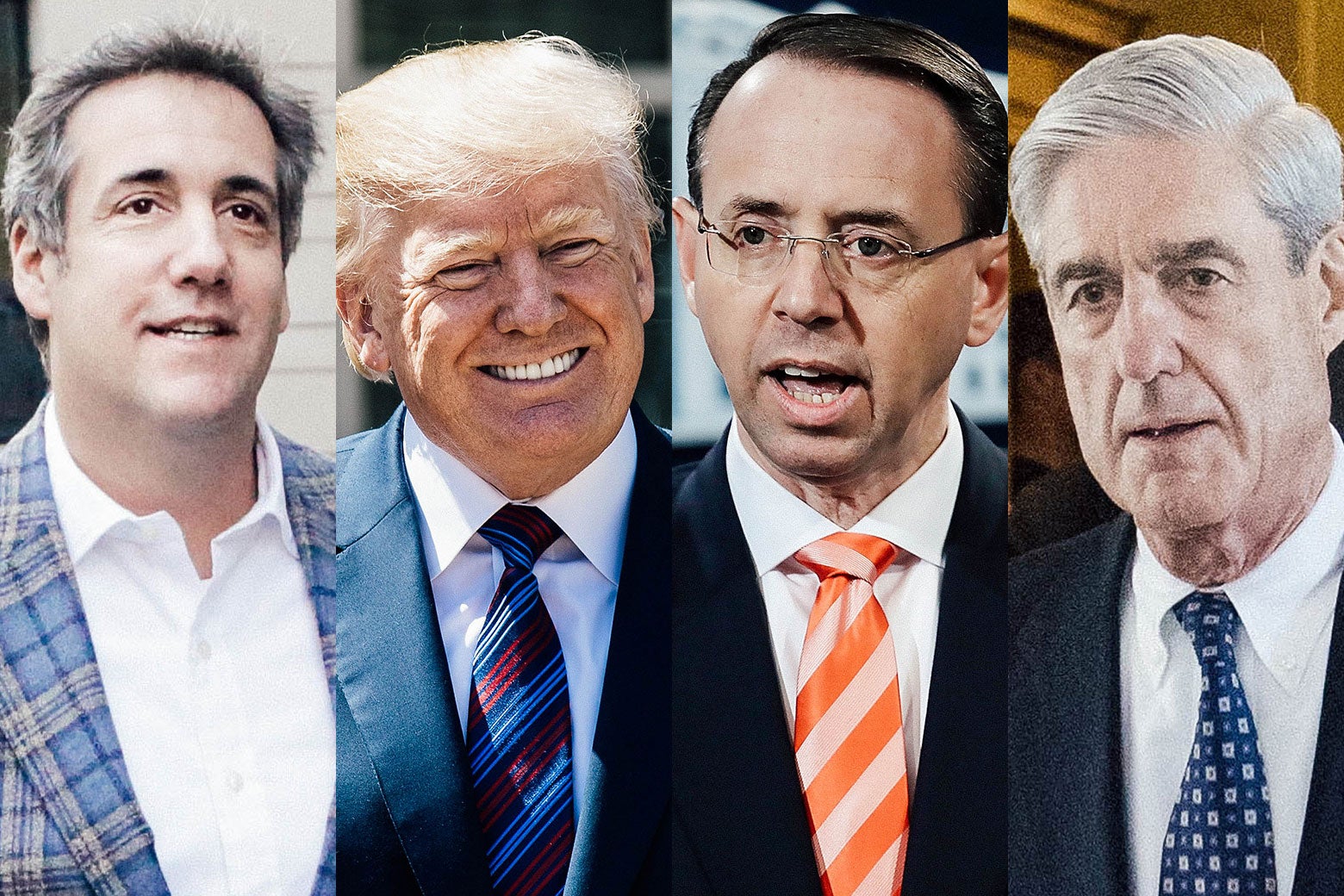 Photo illustration: side-by-side of attorney Michael Cohen, President Donald Trump, Deputy Attorney General Rod Rosenstein, and special counsel Robert Mueller.