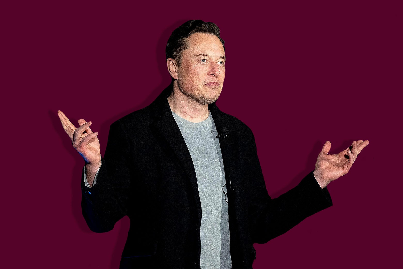 Musk standing with his arms raised making an "eh, why not" gesture