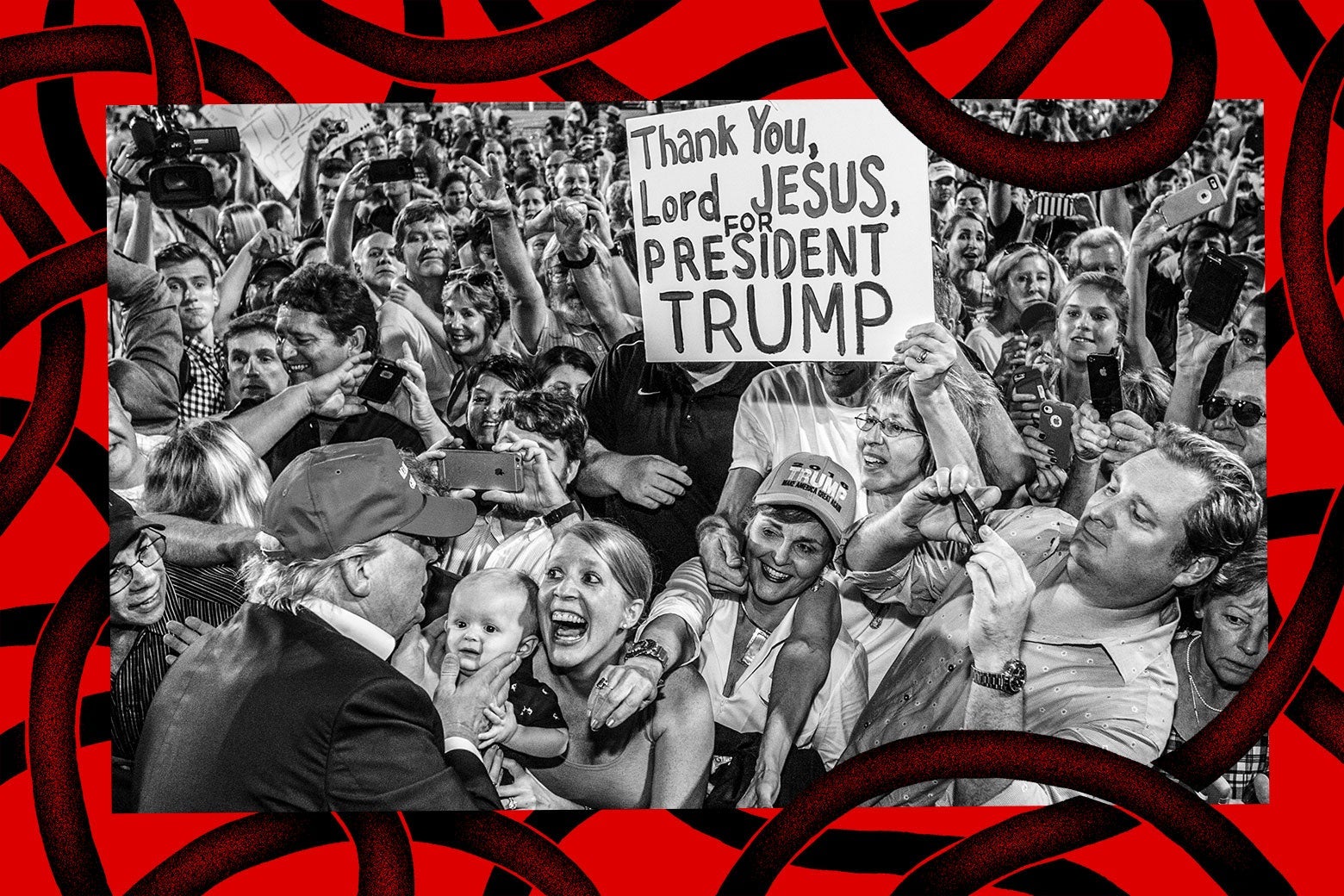 Trump greeting a jubilant crowd at a rally. One supporter holds up a sign that says "Thank you, Lord Jesus, for President Trump."