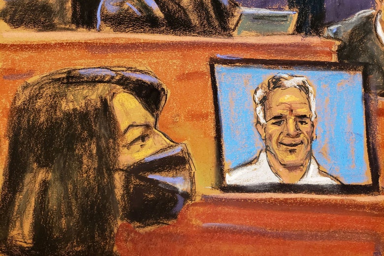A courtroom illustration of Ghislaine Maxwell, wearing a mask, in front of an image of Jeffrey Epstein on a screen. 