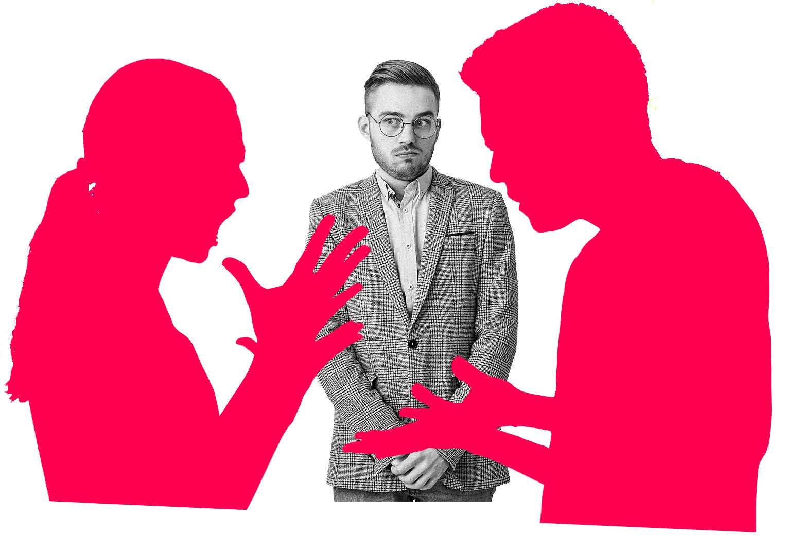 A man standing nervously between an arguing couple.