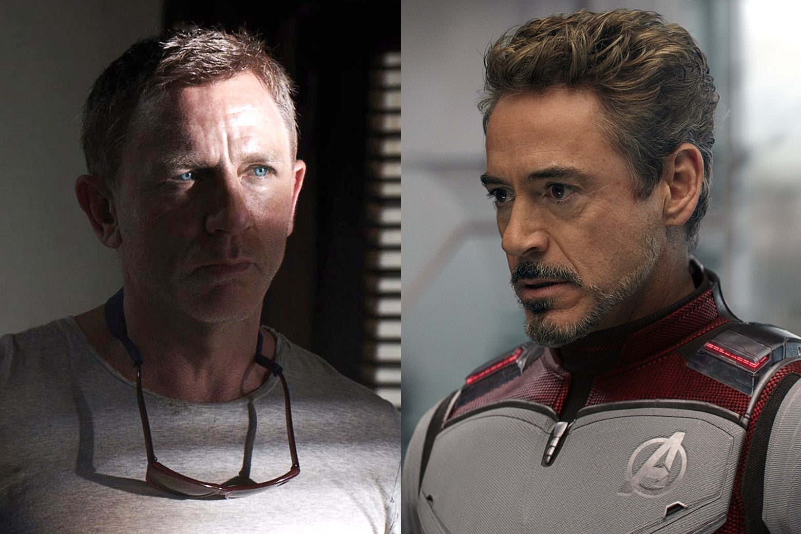 On the left, Daniel Craig as James Bond, looking a little grizzled. On the right, Robert Downey Jr. as Tony Stark, looking a little grizzled.