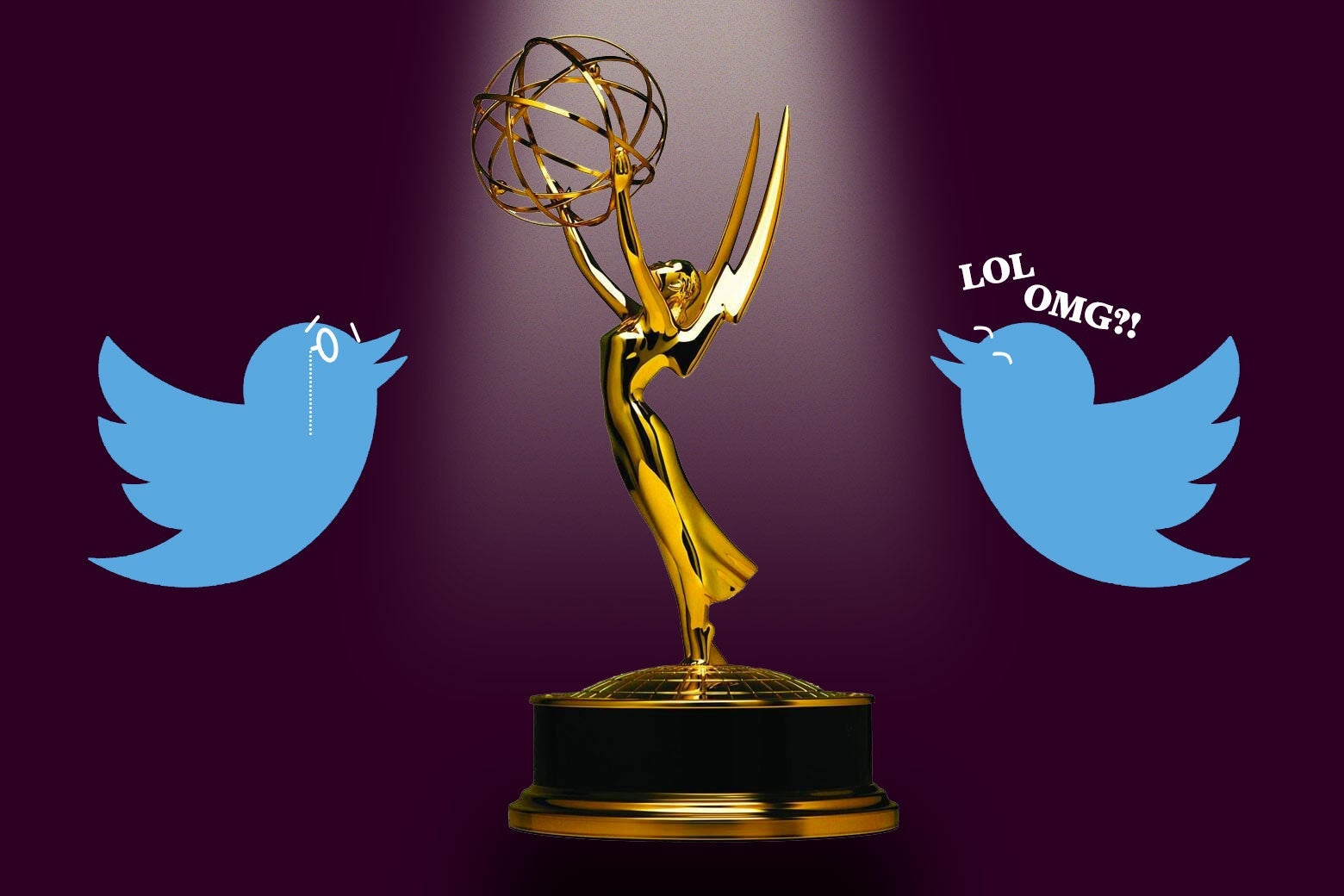 Photo illustration of an Emmy surrounded by two Twitter birds, one laughing and one looking proud.