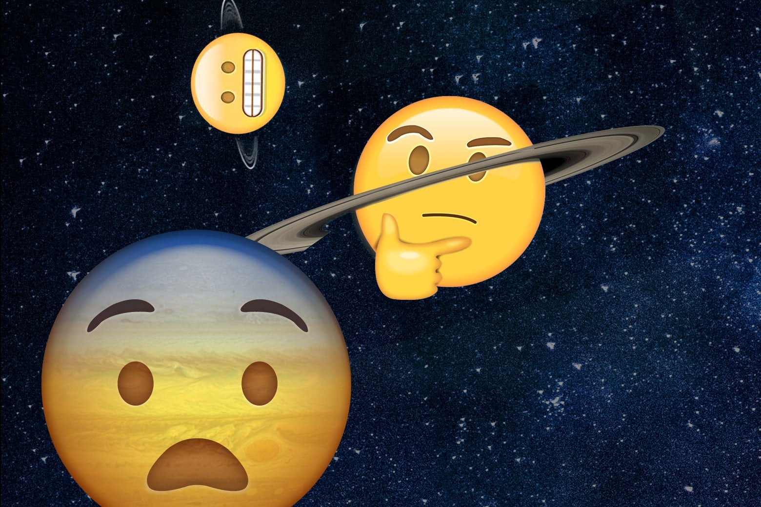 The fearful, thinking, and grimace emojis as planets.