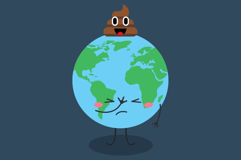 a cartoon illustration of planet earth, with stick-figure hands, feet, and a face. the earth has a poop emoji on top of it. the earth is blushing and putting its palm to its face in embarrassment. 