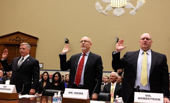 Acting Deputy Assistant Secretary of State for Counterterrorism Mark Thompson, Gregory Hicks, foreign service officer and former deputy chief of mission/charge d'affairs in Libya at the State Department, and Eric Nordstrom, diplomatic security officer and former regional security officer in Libya at the State Department, are sworn in before the House Oversight and Government Reform Committee hearing on "Benghazi: Exposing Failure and Recognizing Courage" on Capitol Hill in Washington May 8, 2013.