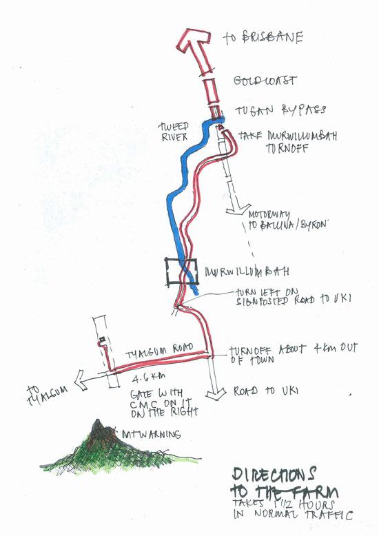A hand-drawn map showing directions to the farm.