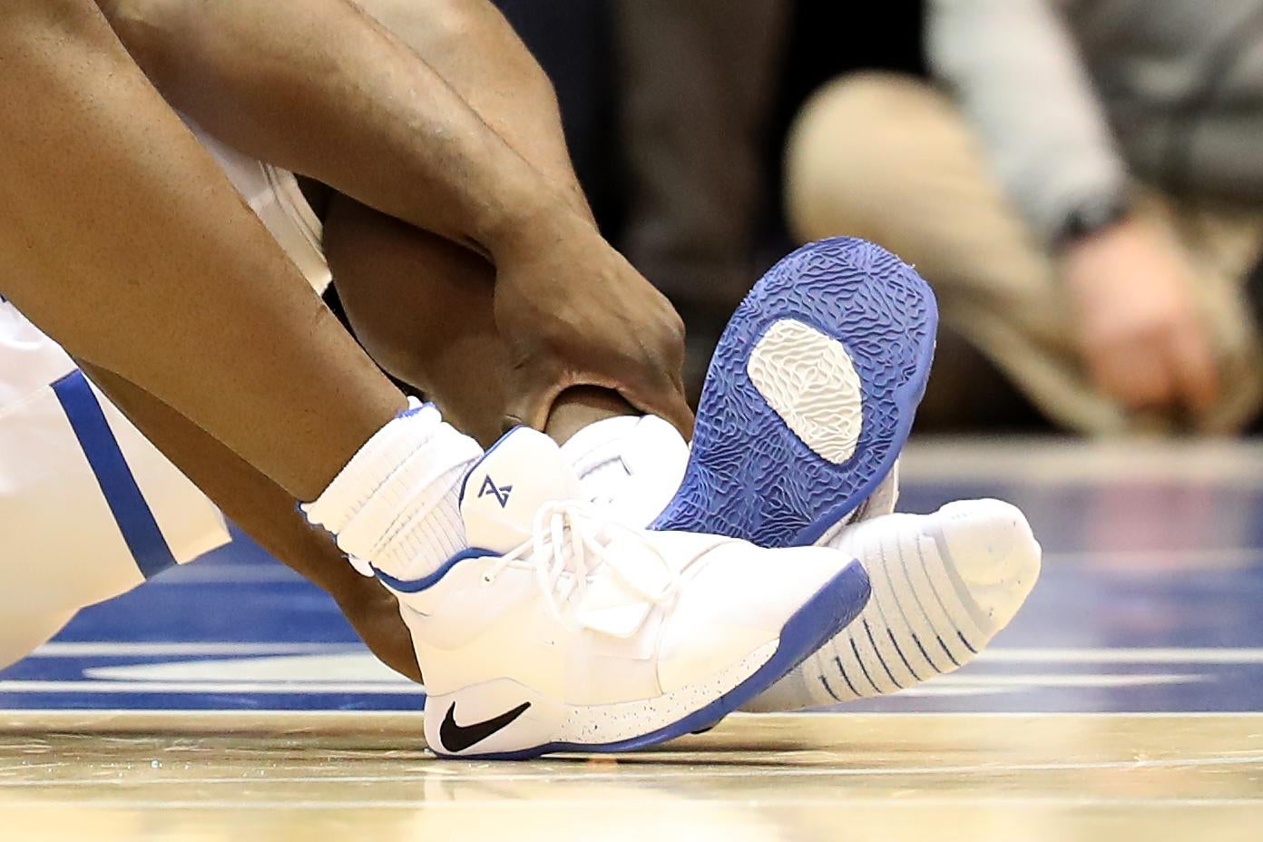 A detailed view of the shoe worn by Zion Williamson.