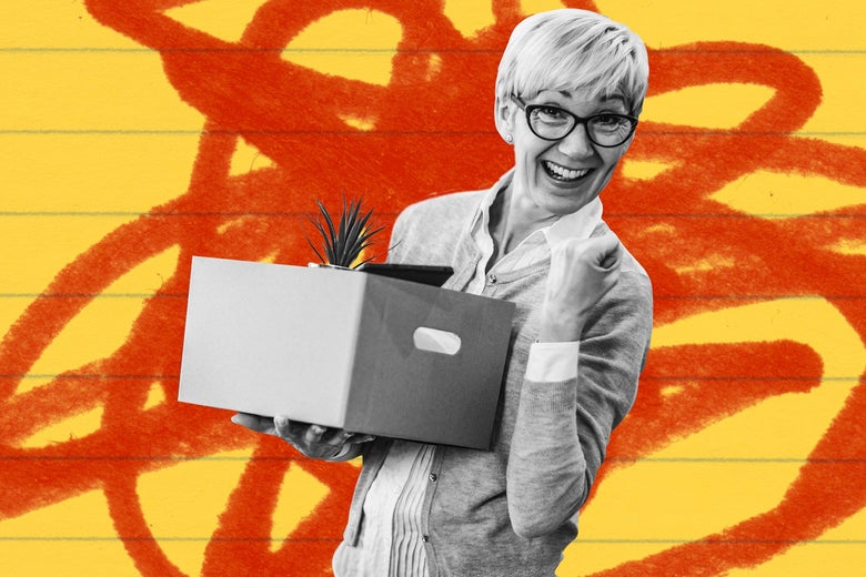 Smiling woman holding a box of office supplies