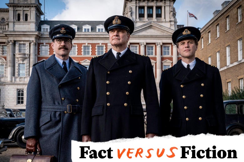 Matthew Macfadyen as Charles Cholmondeley, Colin Firth as Ewen Montagu, and Johnny Flynn as Ian Fleming, in Operation Mincemeat
