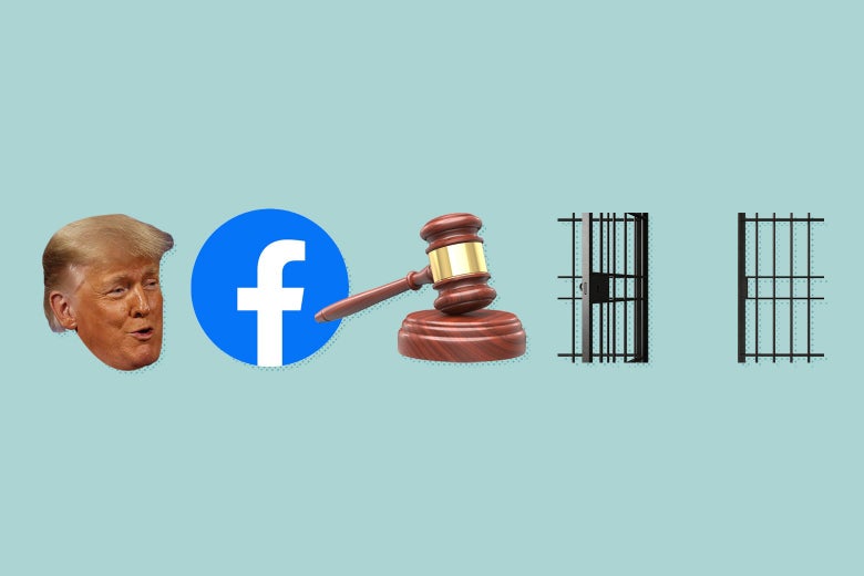 Donald Trump, the Facebook logo, a gavel, and prison bars.