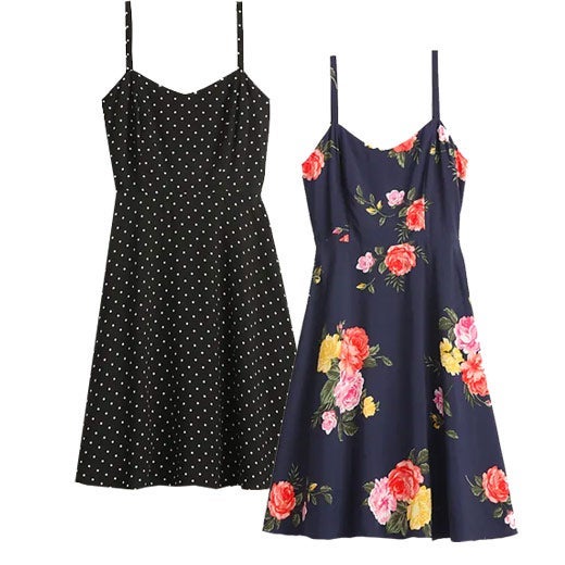 Fit and Flare Cami Mini Dress in black with white polka dots and blue with a floral print
