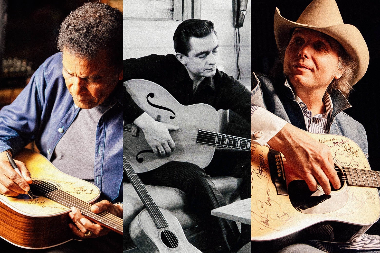 Side-by-side photo illustration of Charley Pride, Johnny Cash, and Dwight Yoakam