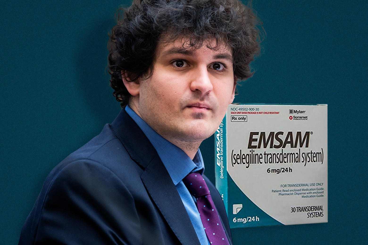 Sam Bankman-Fried, pictured in a suit, next to an Emsam package.
