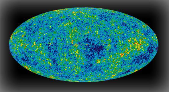 Image of the infant universe created from nine years of WMAP data. The image reveals 13.77 billion year old temperature fluctuations (shown as color differences) that correspond to the seeds that grew to become the galaxies. 