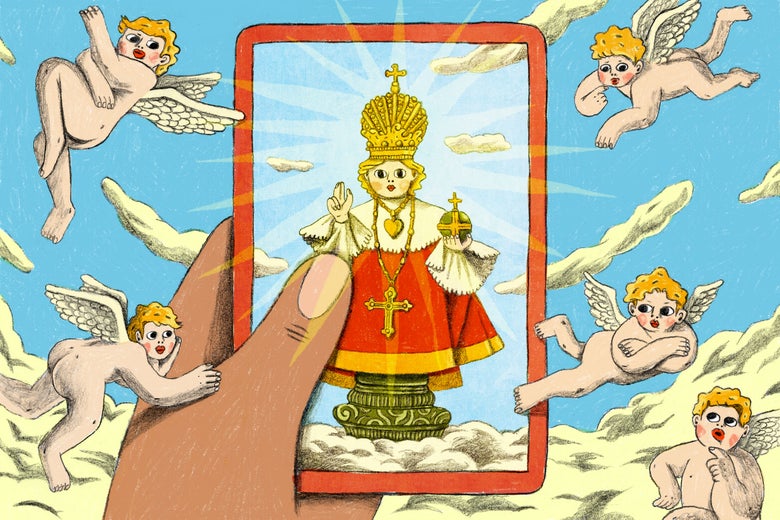 Illustration: A hand holds a tarot-inspired card adorned with a holy figure, as cherubs and clouds surround them both.