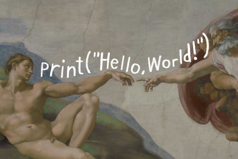 Michelangelo's Creation of Adam overlaid with "Hello, World" code.