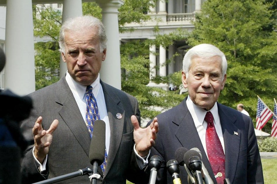 Sens. Joe Biden and Richard Lugar speaking to reporters on June 5, 2002, at the White House in Washington.