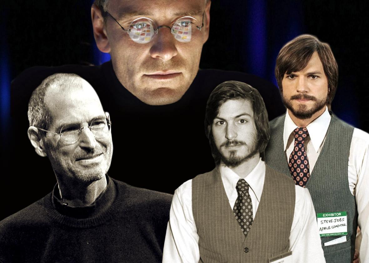 Steve Jobs, left, in June 2011, Michael Fassbender in Steve Jobs,Steve Jobs, left, in June 2011, Michael Fassbender in Steve Jobs (2015), Steve Jobs in April 1977, and Ashton Kutcher in Jobs (2013).