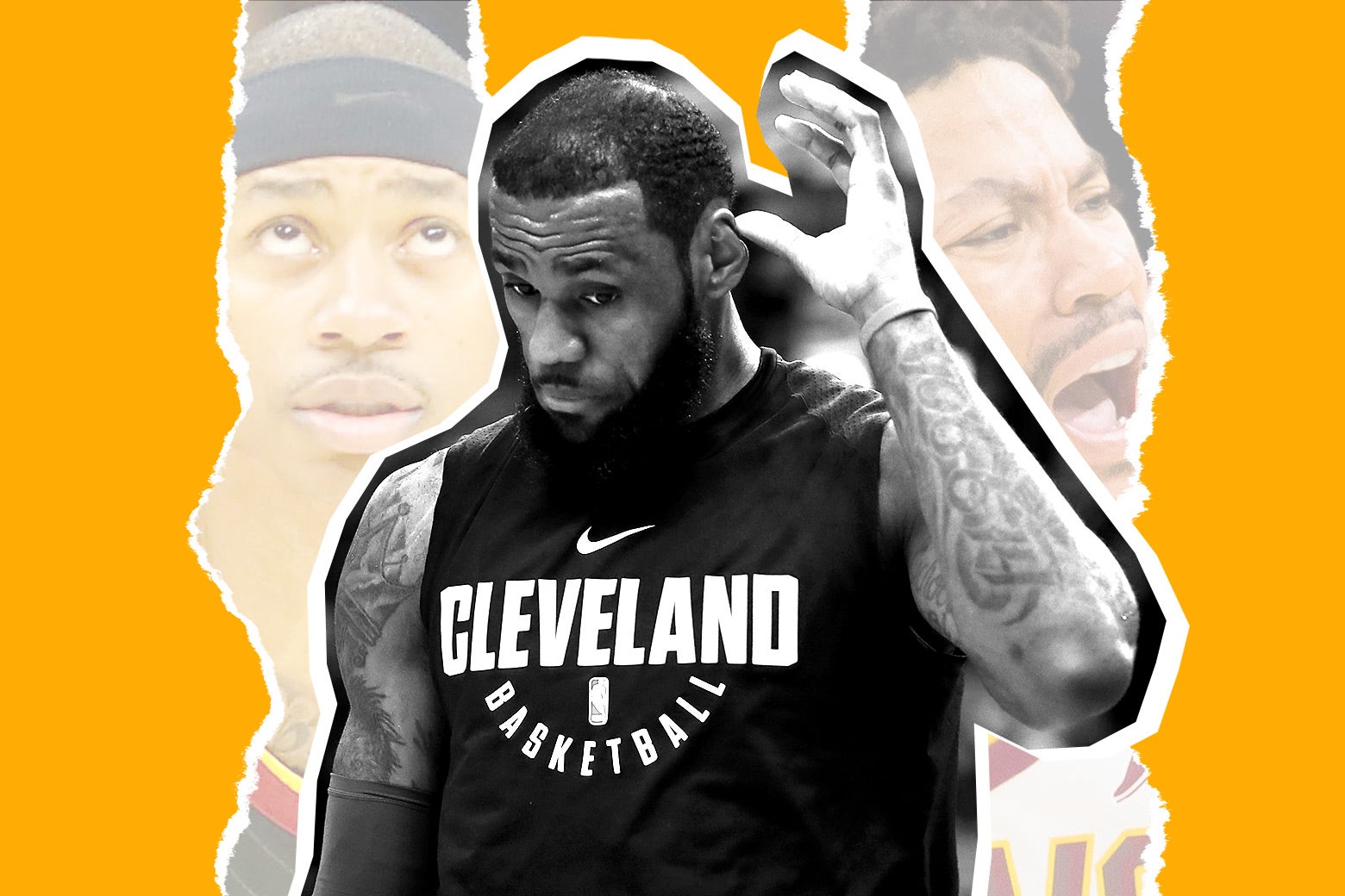 Photo illustration: LeBron James stands in the center flanked by images of his former teammates. Photo illustration by Slate. Photos by Gregory Shamus/Getty Images; Kirk Irwin/Getty Images; Jason Miller/Getty Images.