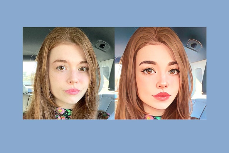 On the left, the author. On the right, the author as seen through the Cartoon filter in the Prequel app—she is more cartoonish, not unlike a Bratz doll.