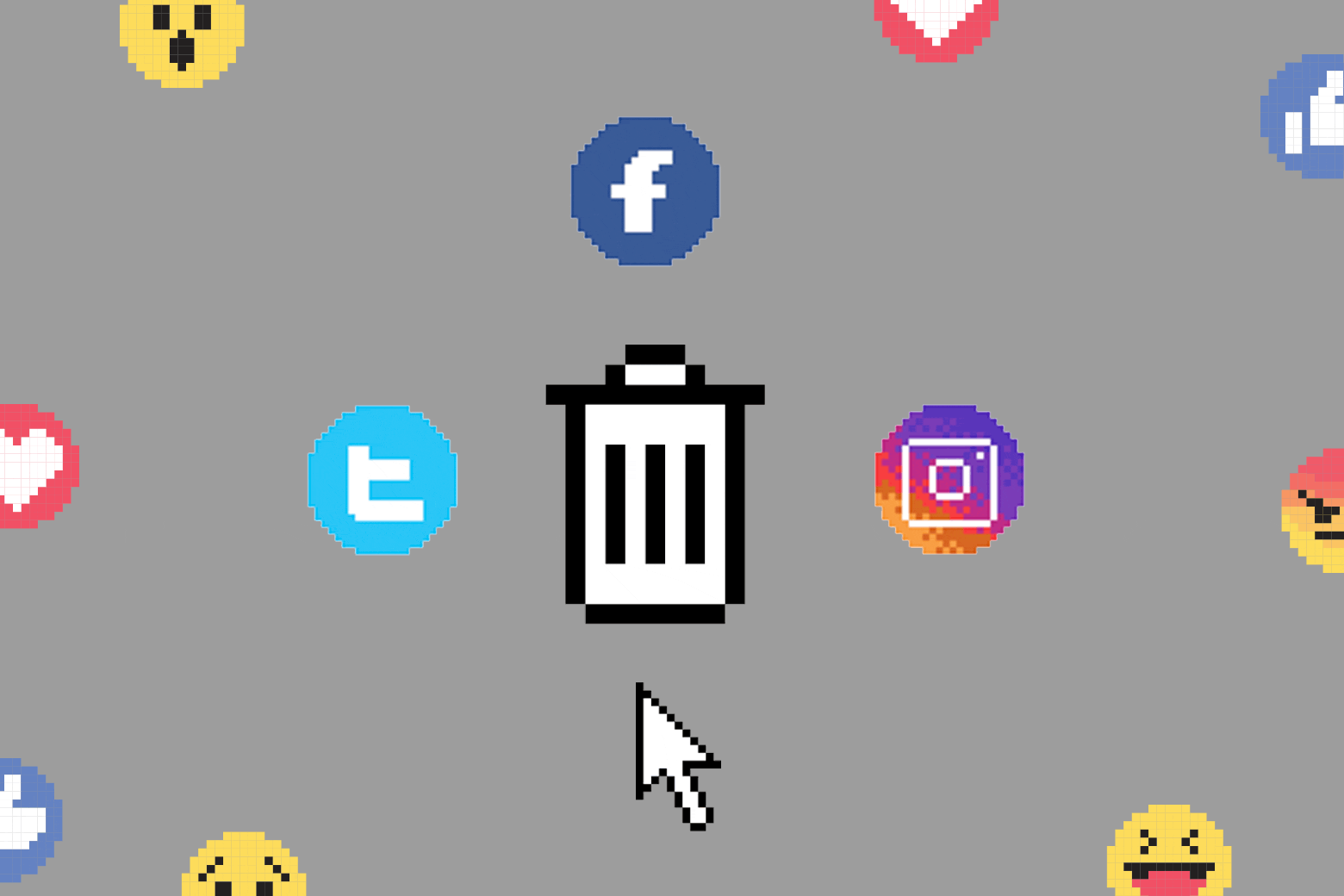 Social media icons and an arrow icon circle the trash icon. 
