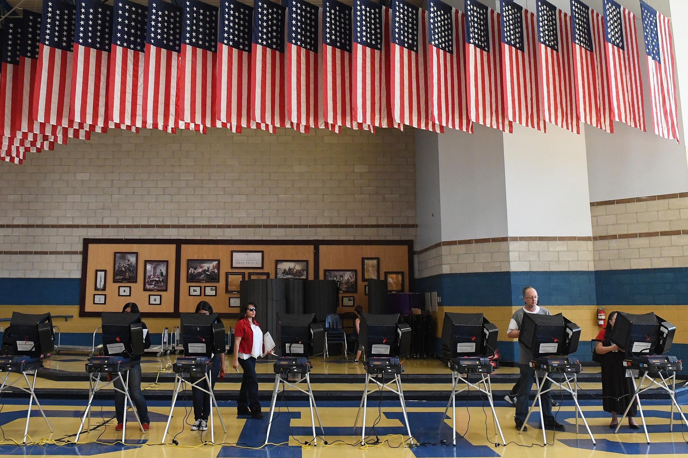 Voters stand behind electronic voting machines.