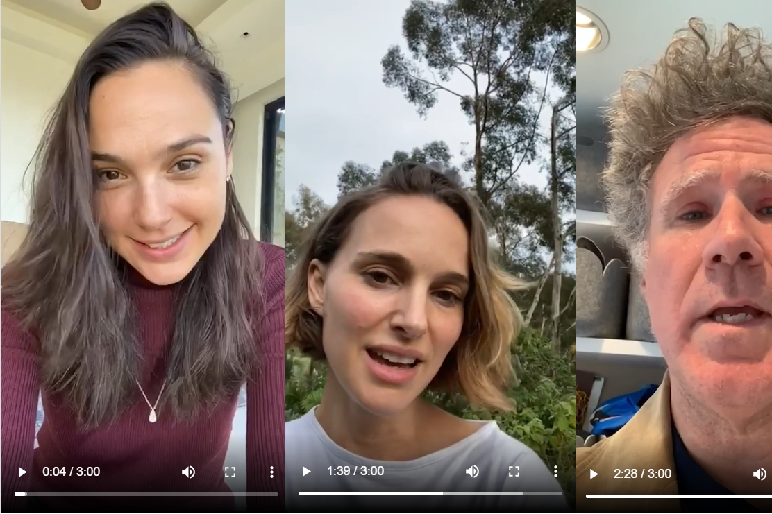 Side-by-side vertical screenshots of Gal Gadot, Natalie Portman, and Will Ferrell in the video.