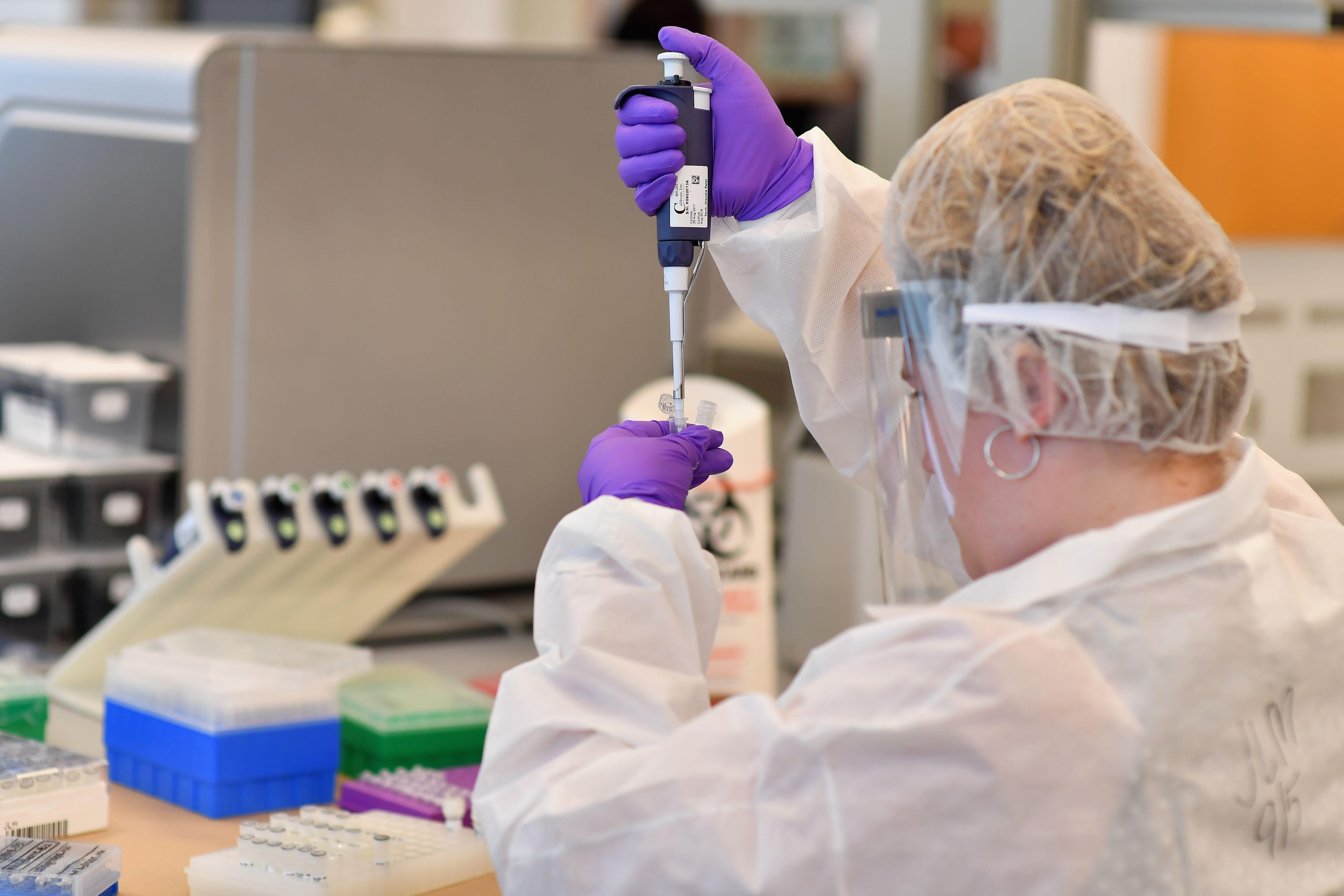 A lab worker transfers DNA solutions from one tube to another. 