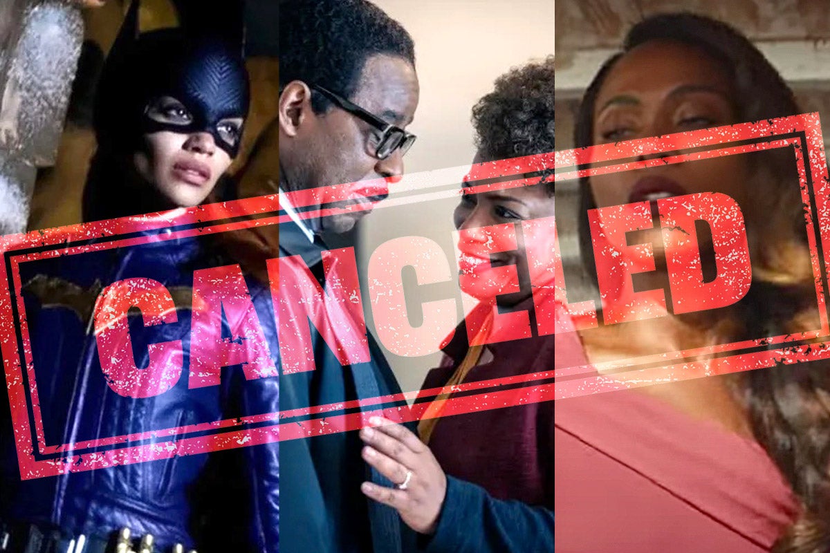 Stills from the movie Batgirl and some other shows with the word "canceled" stamped on them in big red letters. 