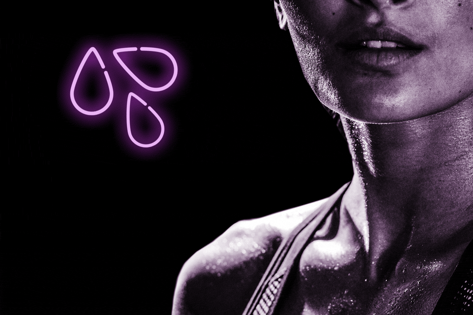 Woman sweating next to some water droplets in neon. 