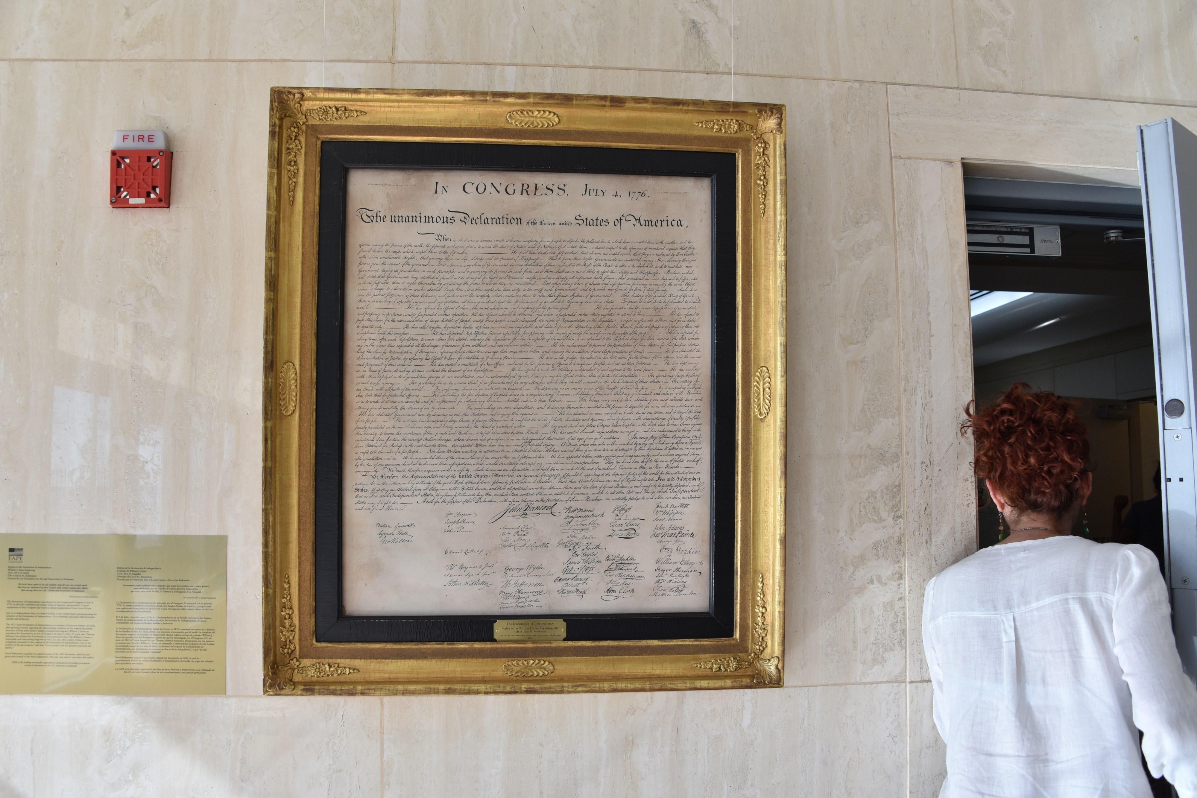 A copy of the United States' Declaration of Independence hangs on a wall at the US embassy in Havana.
