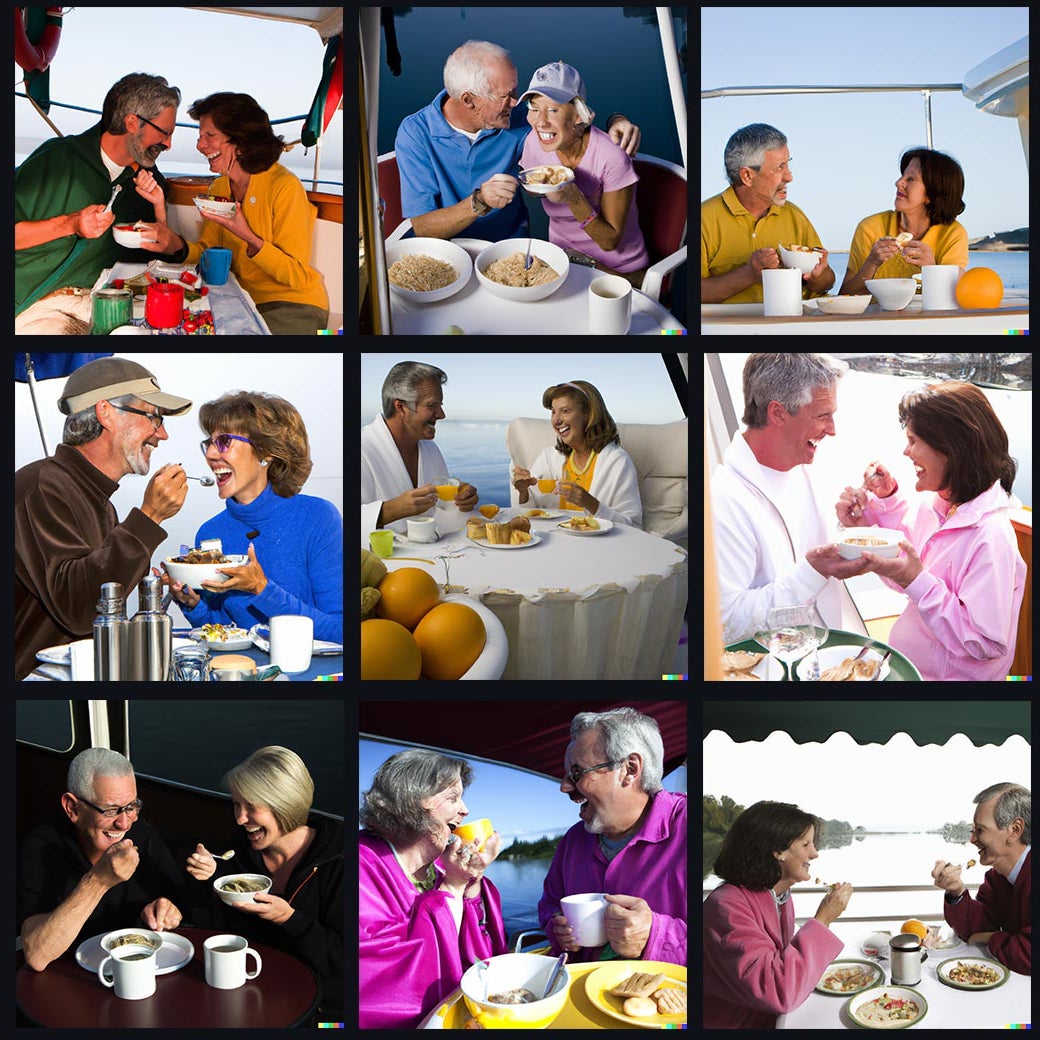 Six smiling A.I.-generated white couples, with strange, A.I.-generated distortions, eating breakfast on their respective boats.