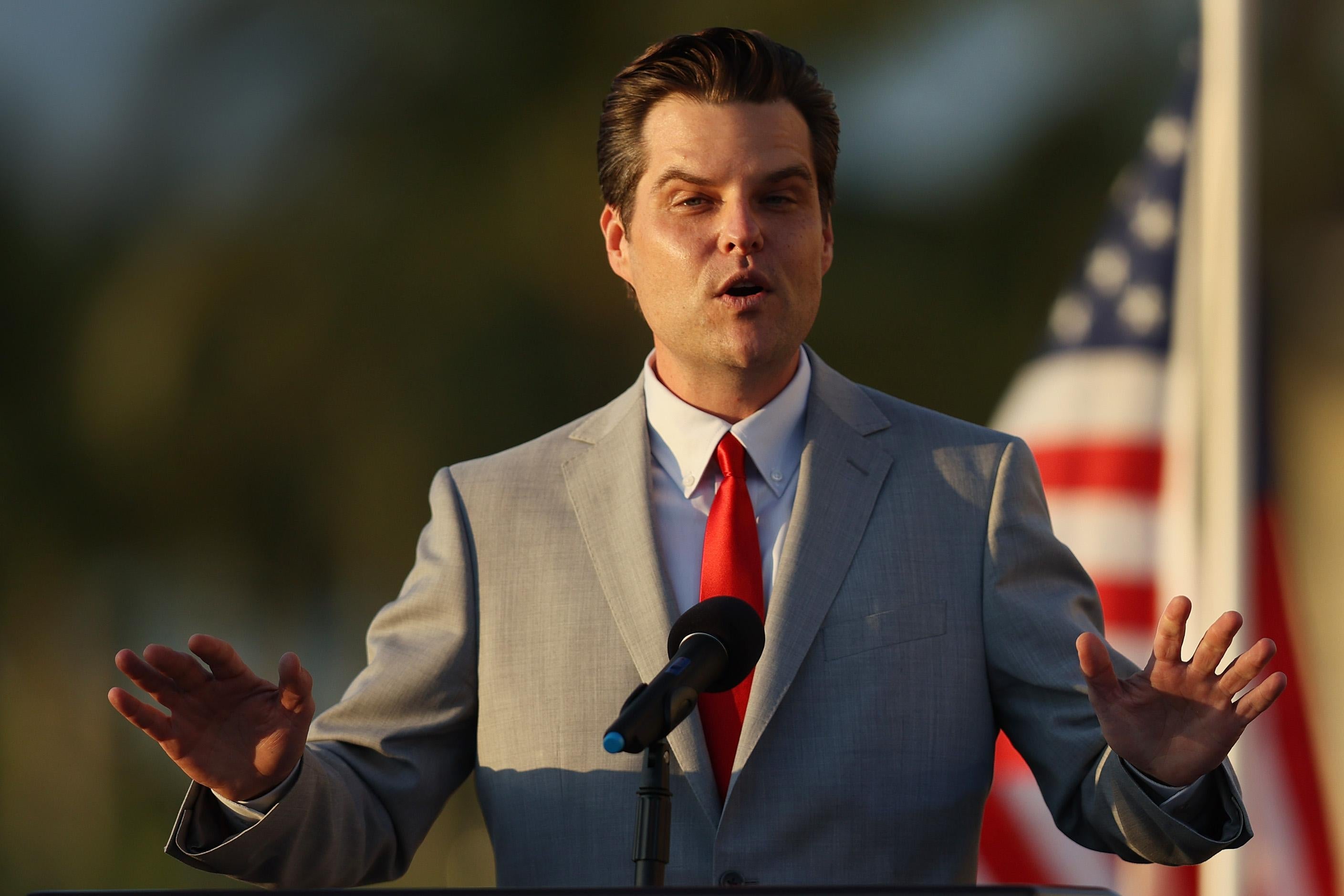 Rep. Matt Gaetz (R-Fl) speaks during the "Save America Summit" at the Trump National Doral golf resort on April 9, 2021 in Doral, Florida.
