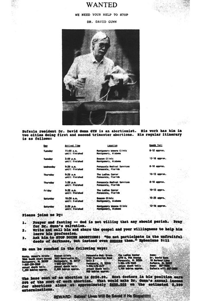 The flyer showing Dr. David Gunn distributed by Operation Rescue during a rally held in Montgomery on April 11, 1992.