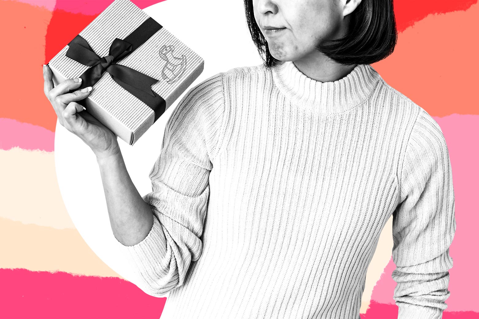 Photo illustration of a mom disdainfully holding a wrapped gift.