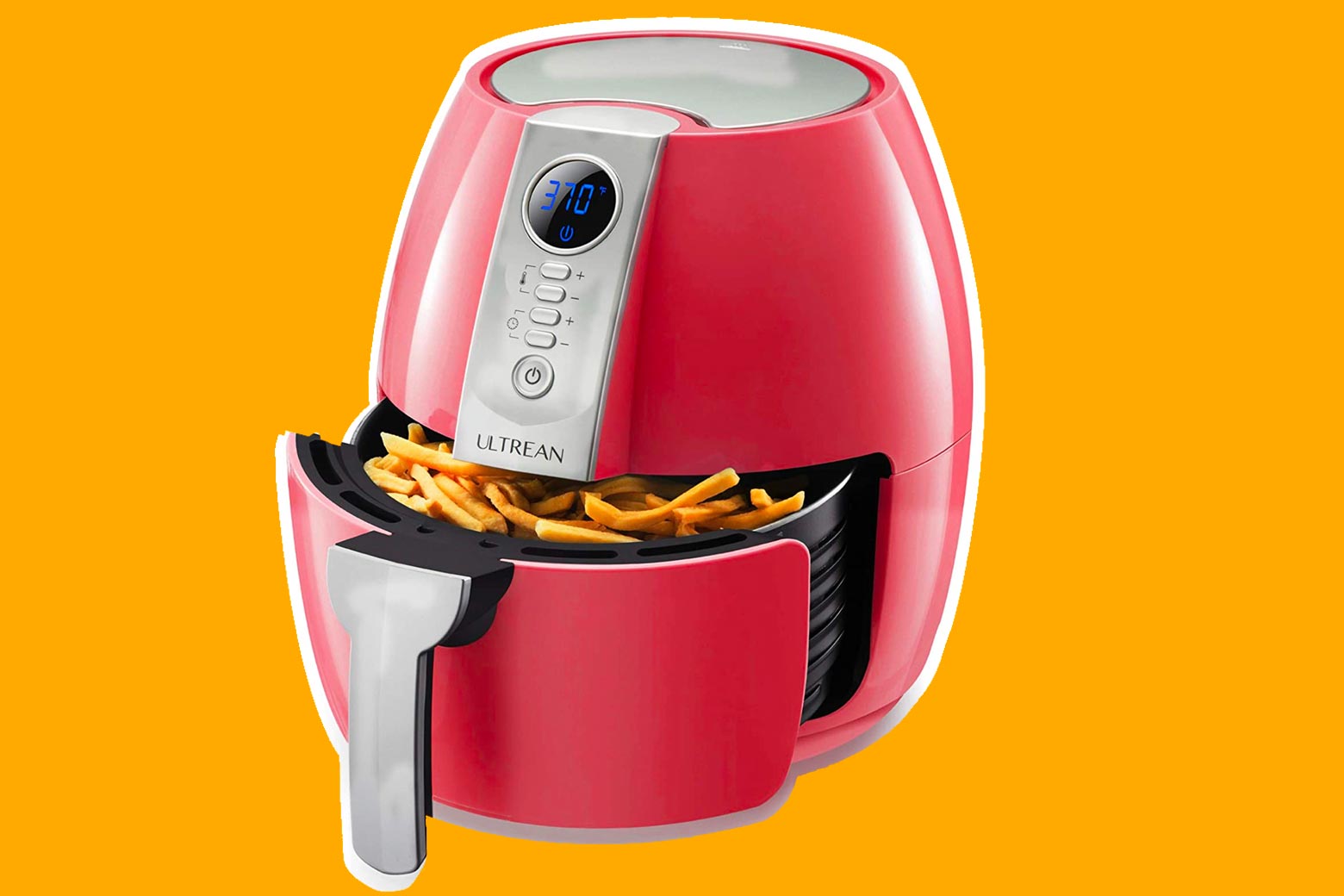 A red air fryer with crispy fries exposed in the open drawer. 