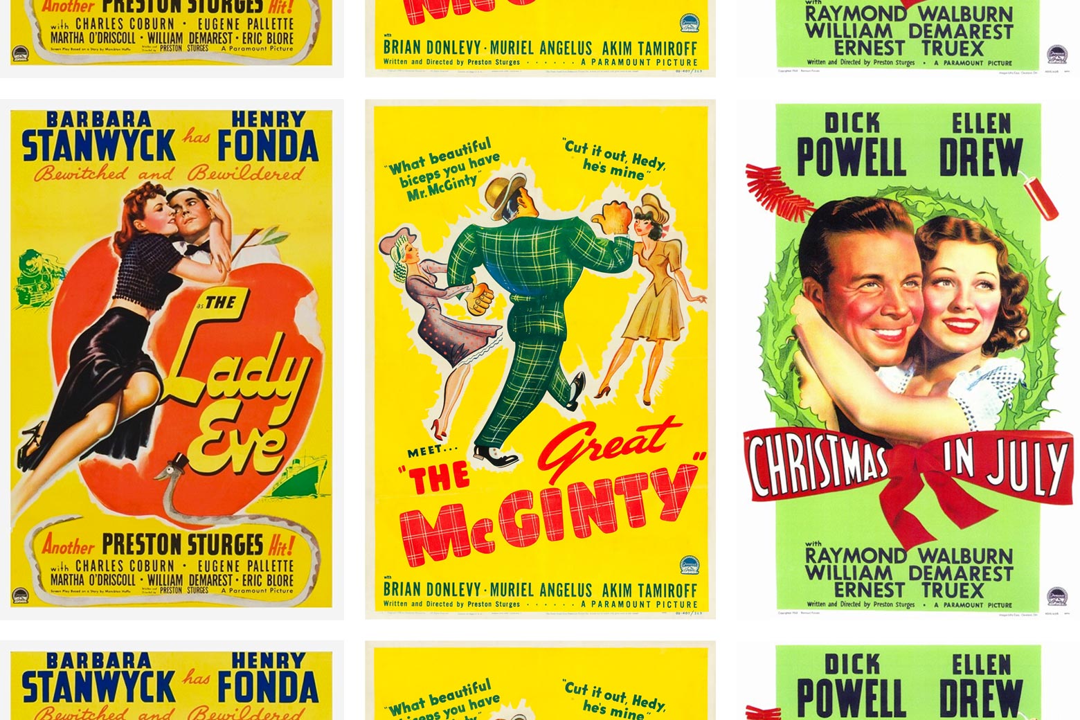 Vintage posters for The Lady Eve, The Great McGinty, and Christmas in July.
