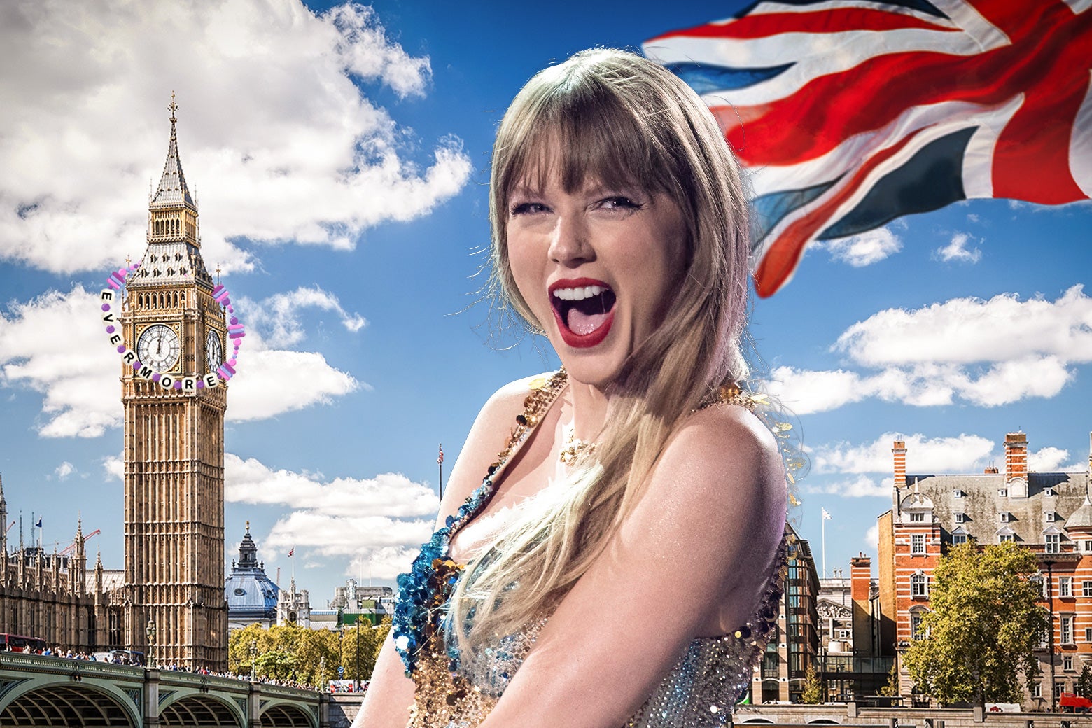 Taylor Swift in a sparkly "Eras" bodysuit in front of major London landmarks, including the Union Jack flag and Big Ben, which is adorned with an Evermore friendship bracelet.