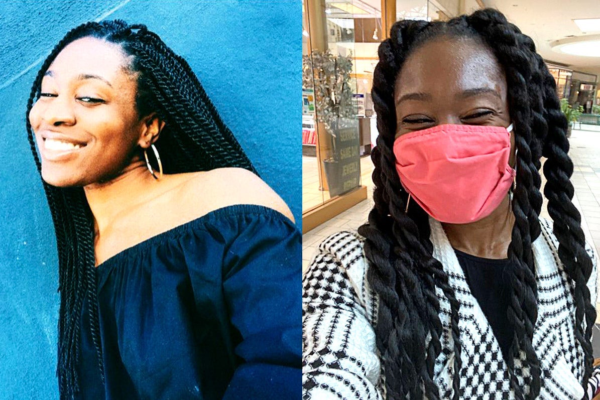 Aaricka Washington's salon-styled hair on the left shows tighter braids. Her self-styled hair is looser rolls.