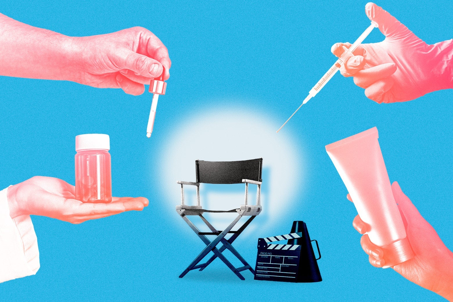 Hands hold out a pill bottle, a dropper, a syringe, and a tube of cream toward a director's chair under a spotlight