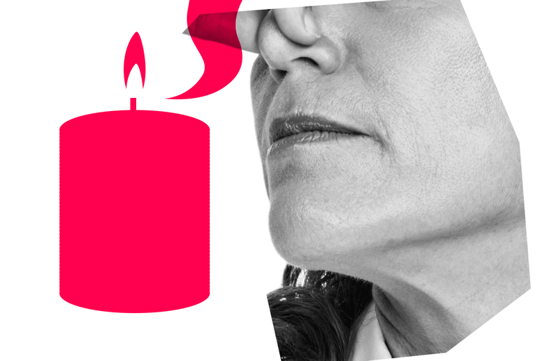 A woman holding her nose next to a graphic of a burning candle